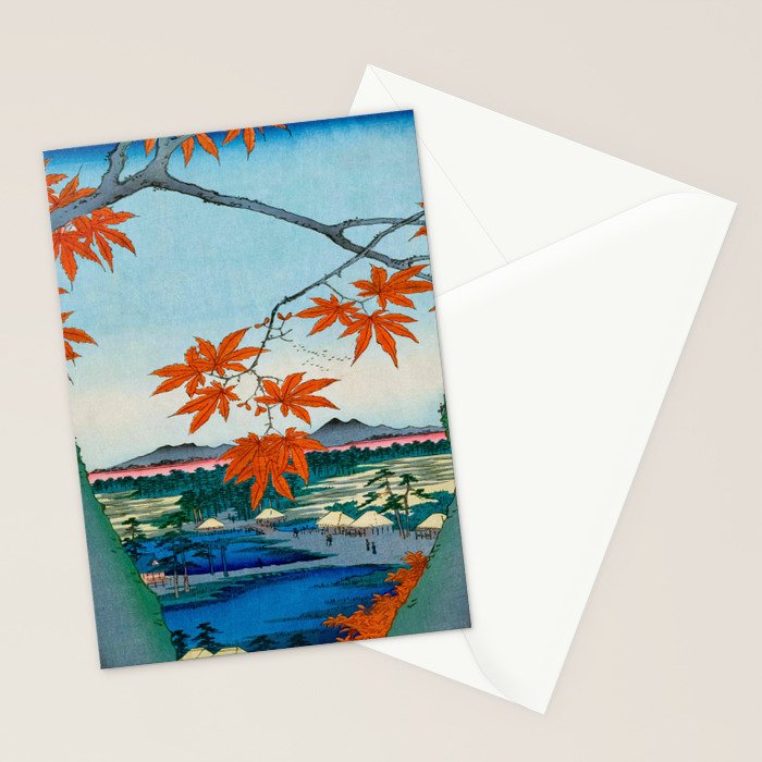 Maple Trees at Mama, Tekona Shrine and Tsugi Bridge (Mama no momiji, Tekona no yashiro, Tsugihashi), from the series âOne Hundred Famous Views of Edo Utagawa Hiroshige Vintage Japanese Woodblock Print East Asian Cultural Antique Art  Stationery Card Gallery Image 2