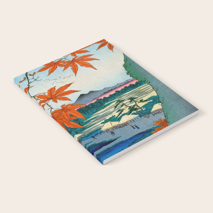 Maple Trees at Mama, Tekona Shrine and Tsugi Bridge (Mama no momiji, Tekona no yashiro, Tsugihashi), from the series âOne Hundred Famous Views of Edo Utagawa Hiroshige Vintage Japanese Woodblock Print East Asian Cultural Antique Art  Notebook Gallery Image 1