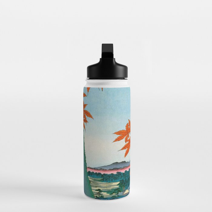 Maple Trees at Mama, Tekona Shrine and Tsugi Bridge (Mama no momiji, Tekona no yashiro, Tsugihashi), from the series âOne Hundred Famous Views of Edo Utagawa Hiroshige Vintage Japanese Woodblock Print East Asian Cultural Antique Art  Water Bottle Gallery Image 3