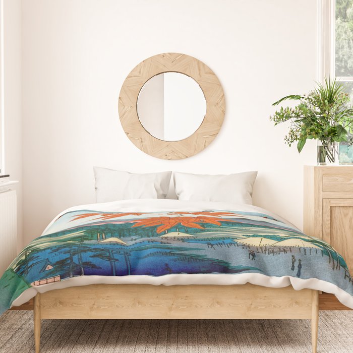 Maple Trees at Mama, Tekona Shrine and Tsugi Bridge (Mama no momiji, Tekona no yashiro, Tsugihashi), from the series âOne Hundred Famous Views of Edo Utagawa Hiroshige Vintage Japanese Woodblock Print East Asian Cultural Antique Art  Duvet Cover Gallery Image 3