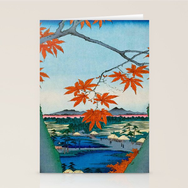 Maple Trees at Mama, Tekona Shrine and Tsugi Bridge (Mama no momiji, Tekona no yashiro, Tsugihashi), from the series âOne Hundred Famous Views of Edo Utagawa Hiroshige Vintage Japanese Woodblock Print East Asian Cultural Antique Art  Stationery Card Gallery Image 2