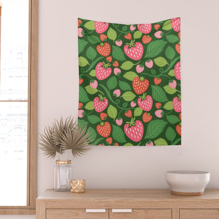 Wild Strawberries - green Wall Tapestry Gallery Image 2