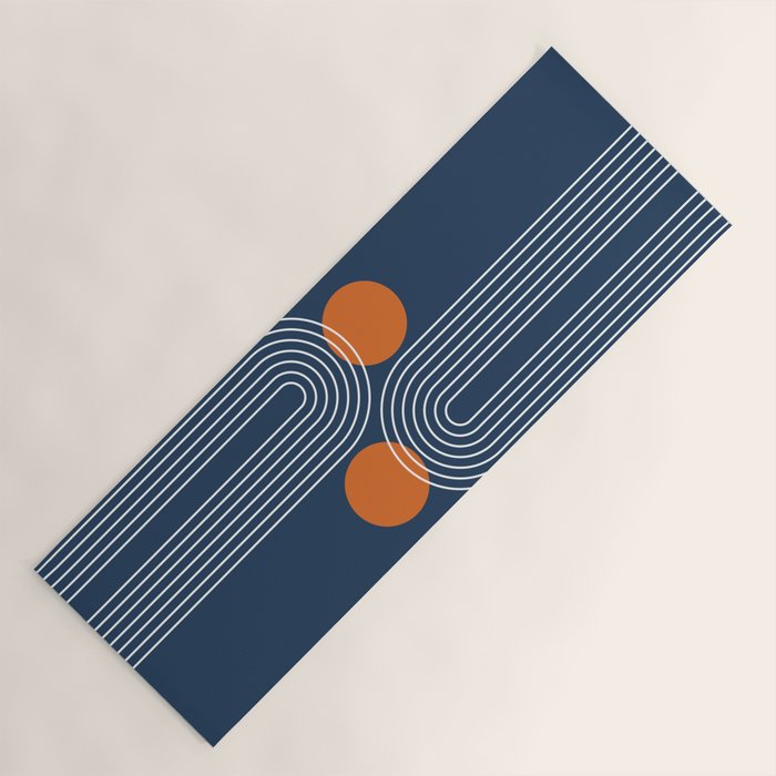 Mid Century Modern Geometric 83 in Navy Blue and Orange (Rainbow and Sun Abstraction) Yoga Mat Gallery Image 1