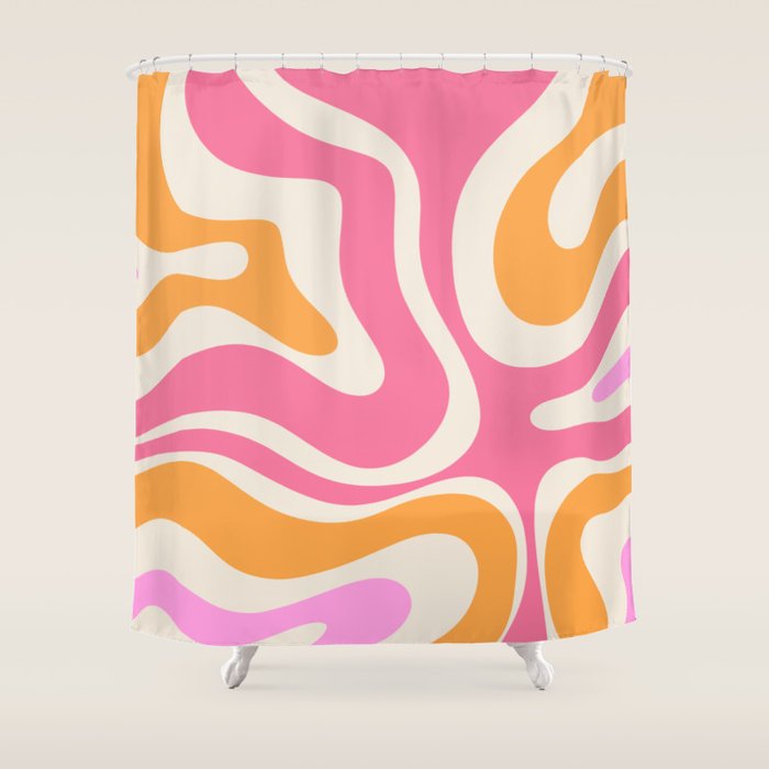 Retro Modern Liquid Swirl Abstract Pattern Pink Orange Cream Shower Curtain Gallery Image 1