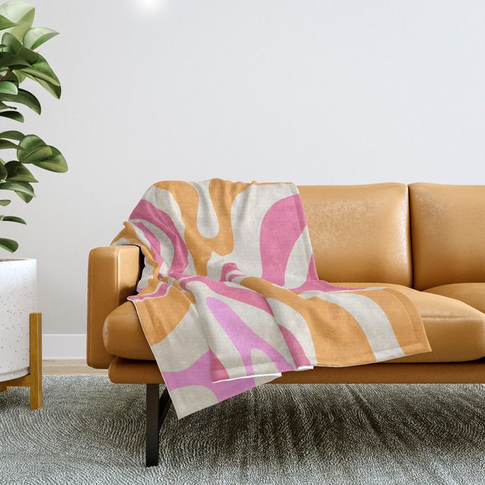 Retro Modern Liquid Swirl Abstract Pattern Pink Orange Cream Throw Blanket Gallery Image 1