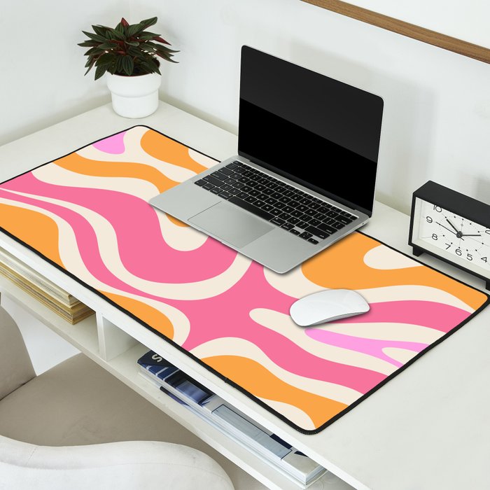 Retro Modern Liquid Swirl Abstract Pattern Pink Orange Cream Desk Mat Gallery Image 2
