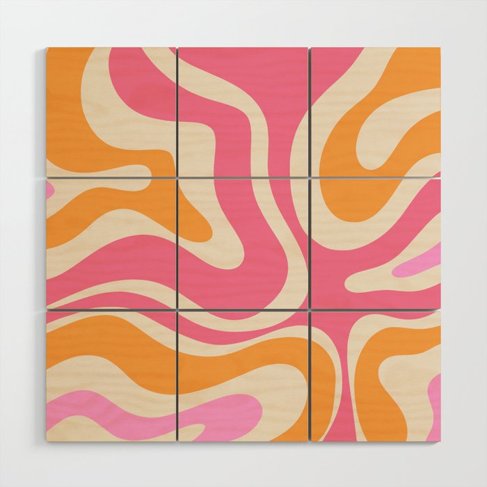 Retro Modern Liquid Swirl Abstract Pattern Pink Orange Cream Wood Wall Art Gallery Image 1