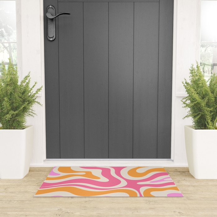 Retro Modern Liquid Swirl Abstract Pattern Pink Orange Cream Welcome Mat Gallery Image 3