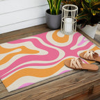 Retro Modern Liquid Swirl Abstract Pattern Pink Orange Cream Outdoor Rug Gallery Image 2