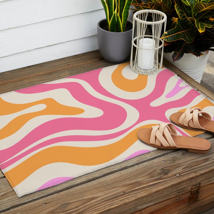 Retro Modern Liquid Swirl Abstract Pattern Pink Orange Cream Outdoor Rug Gallery Image 2