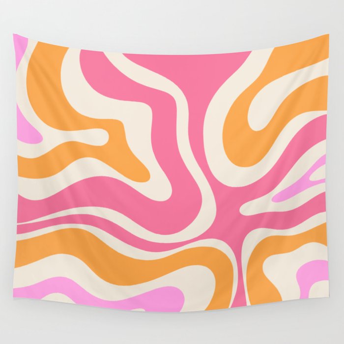 Retro Modern Liquid Swirl Abstract Pattern Pink Orange Cream Wall Tapestry Gallery Image 4