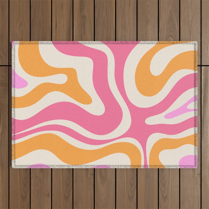 Retro Modern Liquid Swirl Abstract Pattern Pink Orange Cream Outdoor Rug Gallery Image 1