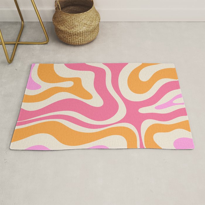 Retro Modern Liquid Swirl Abstract Pattern Pink Orange Cream Rug Gallery Image 1