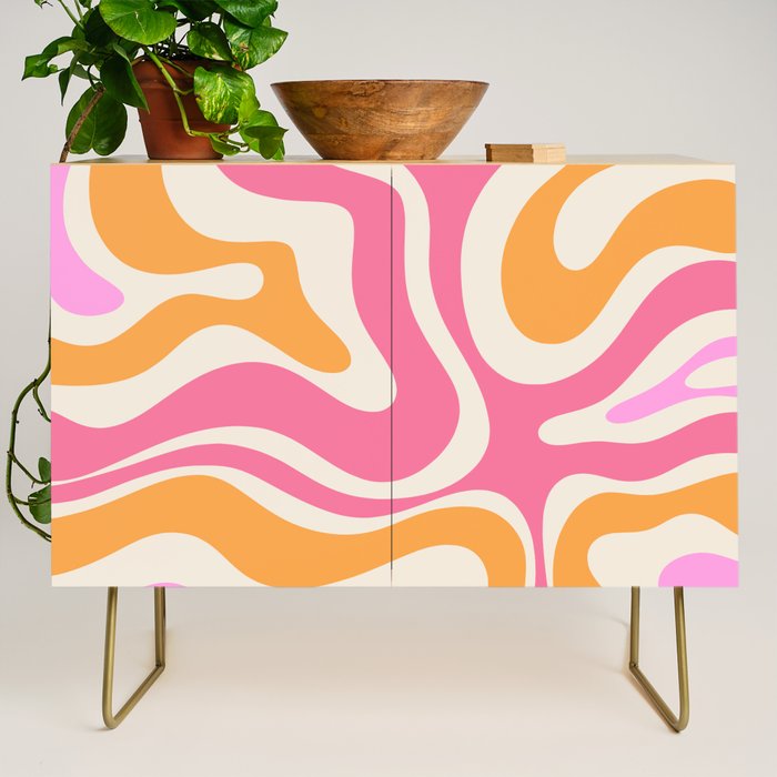 Retro Modern Liquid Swirl Abstract Pattern Pink Orange Cream Credenza Gallery Image 1