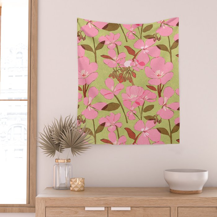 Pink Floral Pattern Wall Tapestry Gallery Image 2