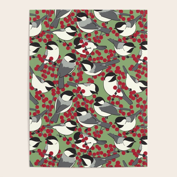 Chickadees & Winterberry Holly Poster