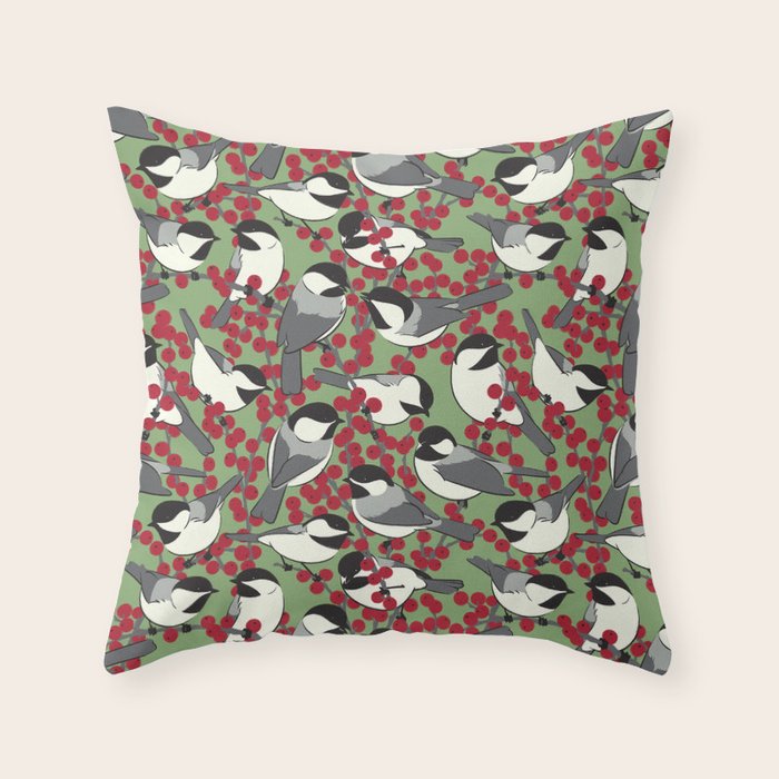 Chickadees & Winterberry Holly Throw Pillow Gallery Image 6