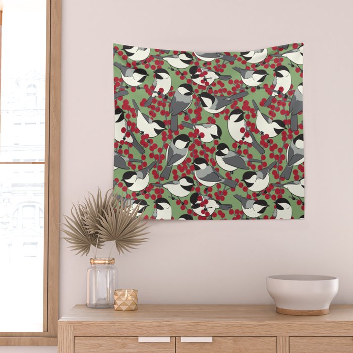 Chickadees & Winterberry Holly Wall Tapestry Gallery Image 2