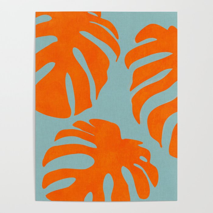 monstera leaves blue orange plant summer Poster Gallery Image 4