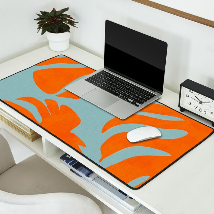 monstera leaves blue orange plant summer Desk Mat Gallery Image 2