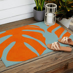 monstera leaves blue orange plant summer Outdoor Rug Gallery Image 2