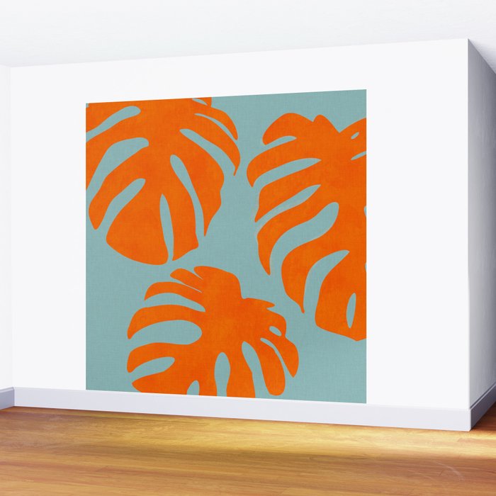 monstera leaves blue orange plant summer Wall Mural Gallery Image 2