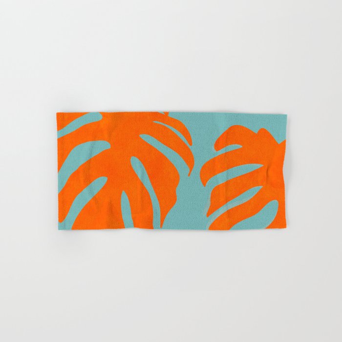 monstera leaves blue orange plant summer Bath Towel Gallery Image 1