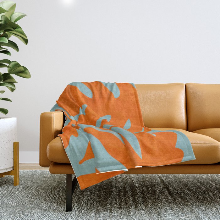 monstera leaves blue orange plant summer Throw Blanket Gallery Image 1