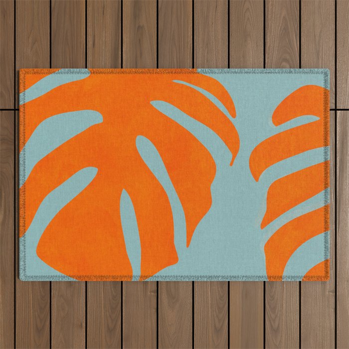 monstera leaves blue orange plant summer Outdoor Rug Gallery Image 1