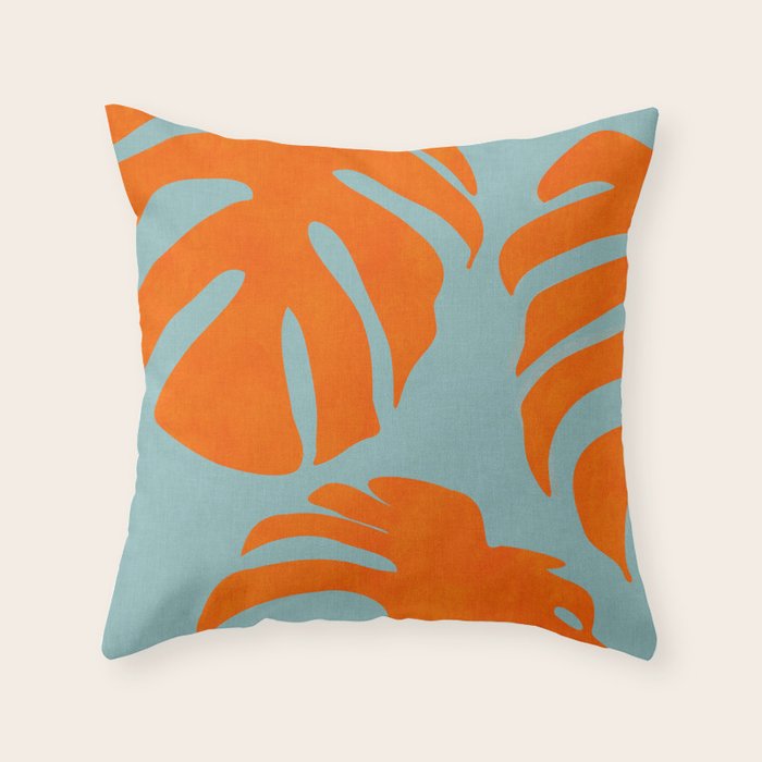 monstera leaves blue orange plant summer Throw Pillow Gallery Image 6