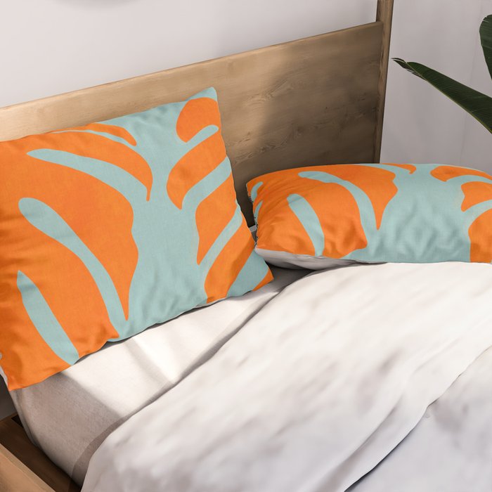 monstera leaves blue orange plant summer Pillow Sham Gallery Image 2