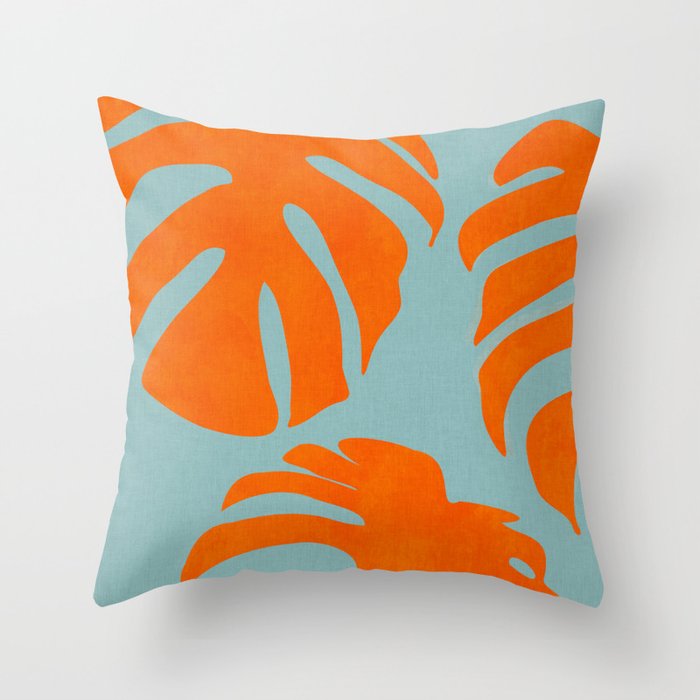 monstera leaves blue orange plant summer Throw Pillow Gallery Image 6