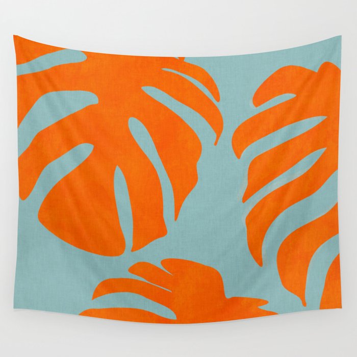 monstera leaves blue orange plant summer Wall Tapestry Gallery Image 4