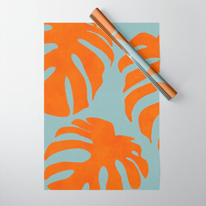 monstera leaves blue orange plant summer Wrapping Paper Gallery Image 1