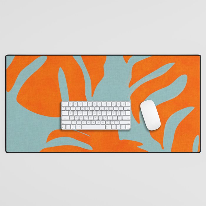 monstera leaves blue orange plant summer Desk Mat Gallery Image 1