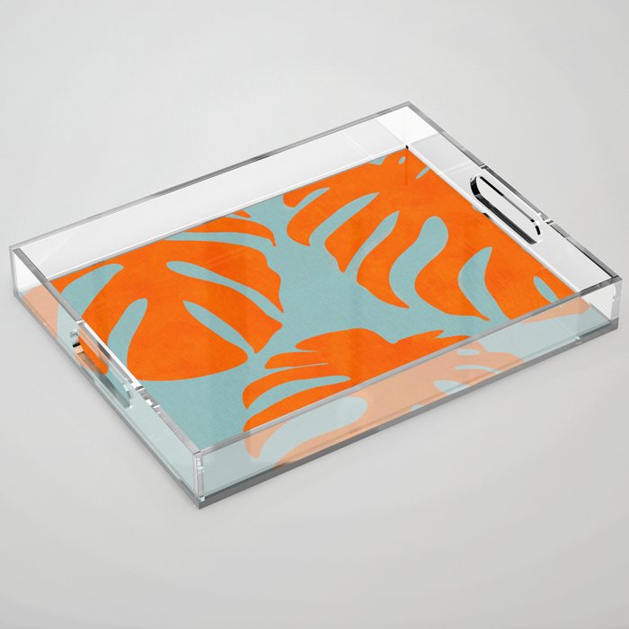 monstera leaves blue orange plant summer Acrylic Tray Gallery Image 1