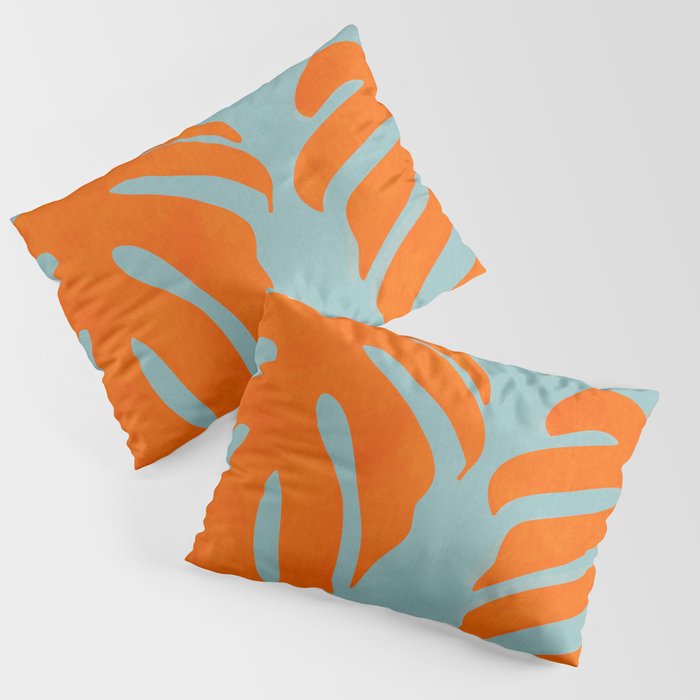 monstera leaves blue orange plant summer Pillow Sham Gallery Image 1