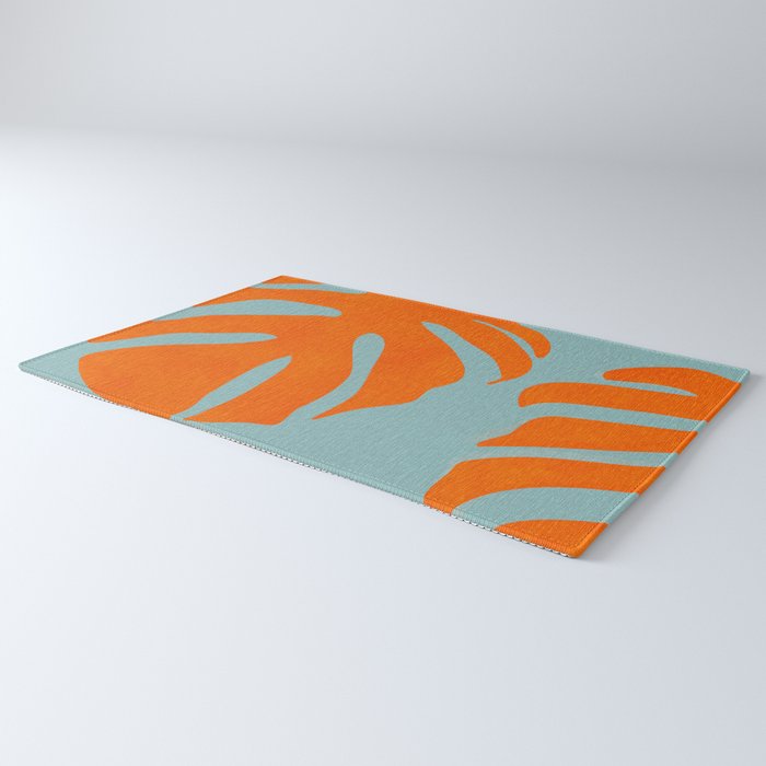 monstera leaves blue orange plant summer Rug Gallery Image 3