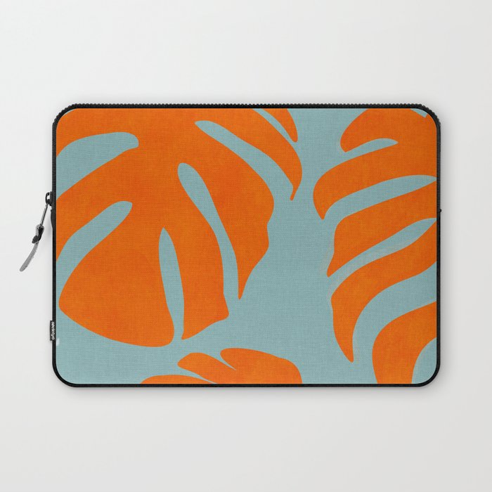 monstera leaves blue orange plant summer Laptop Sleeve Gallery Image 1