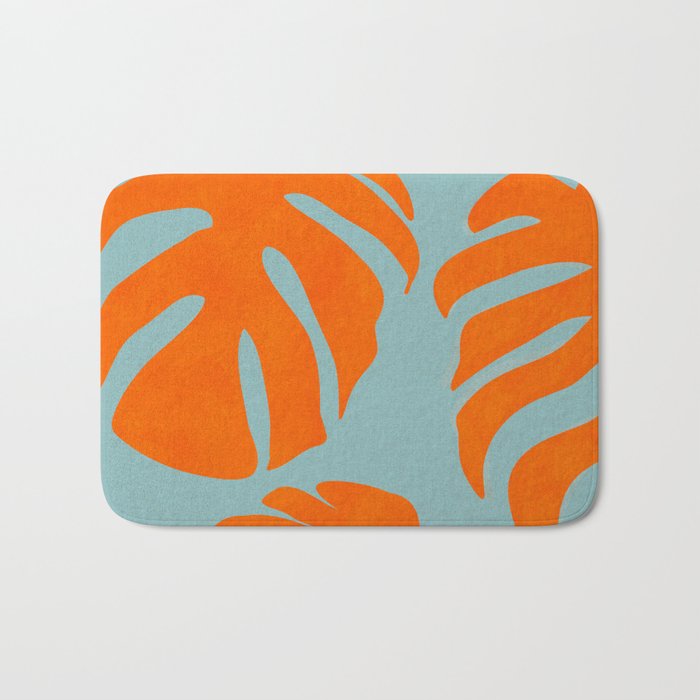 monstera leaves blue orange plant summer Bath Mat Gallery Image 1