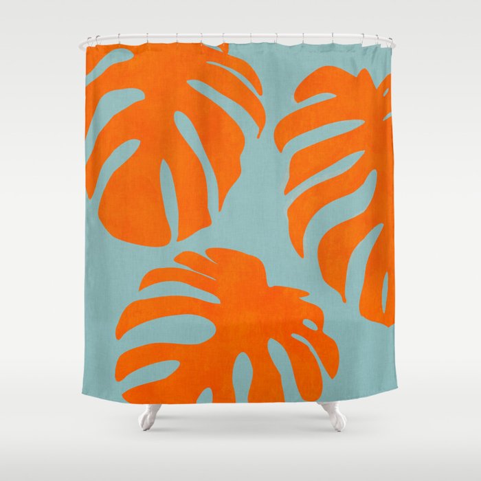 monstera leaves blue orange plant summer Shower Curtain Gallery Image 1
