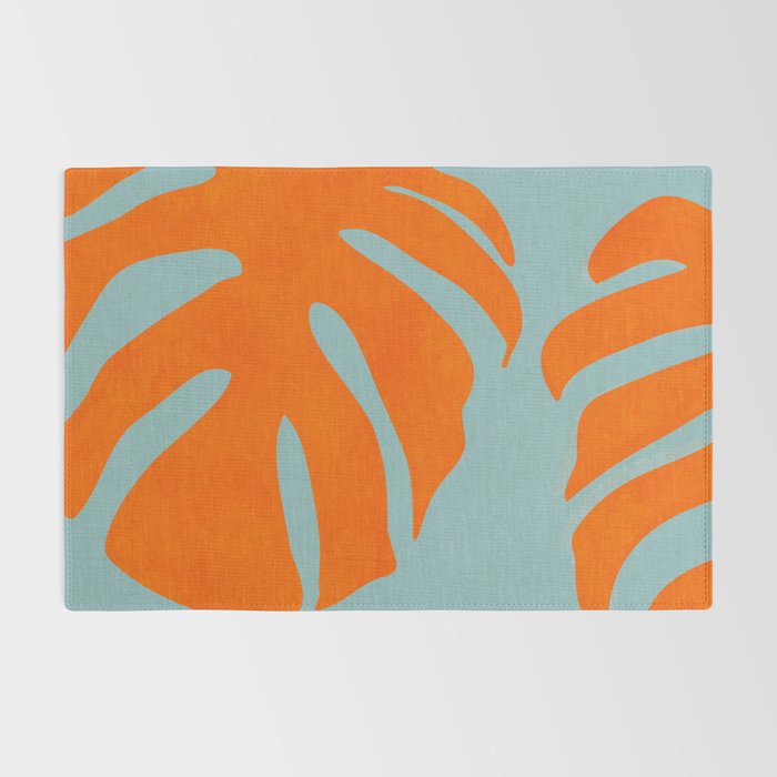 monstera leaves blue orange plant summer Rug Gallery Image 2