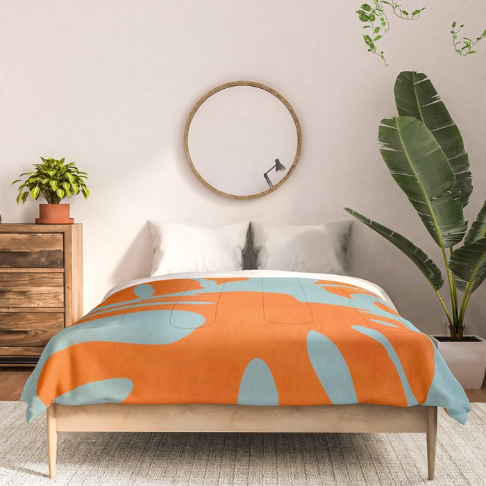 monstera leaves blue orange plant summer Comforter Gallery Image 3