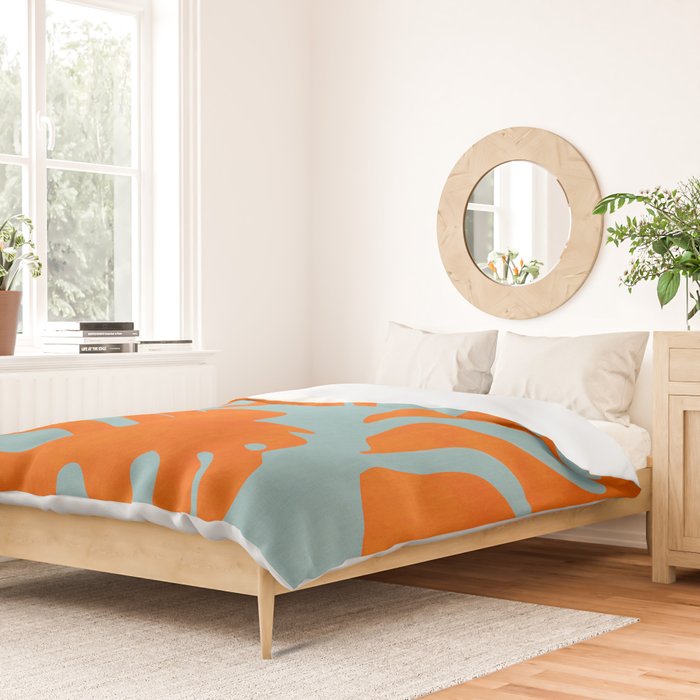 monstera leaves blue orange plant summer Duvet Cover Gallery Image 2