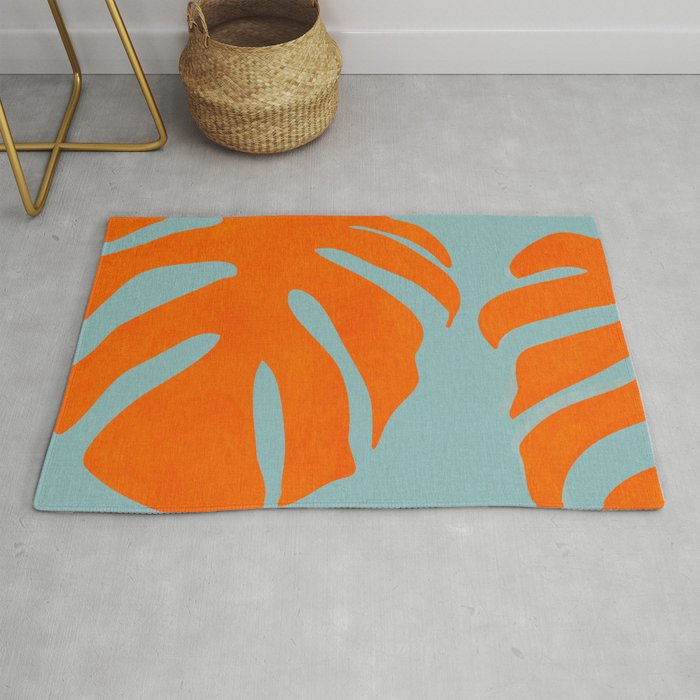 monstera leaves blue orange plant summer Rug Gallery Image 1