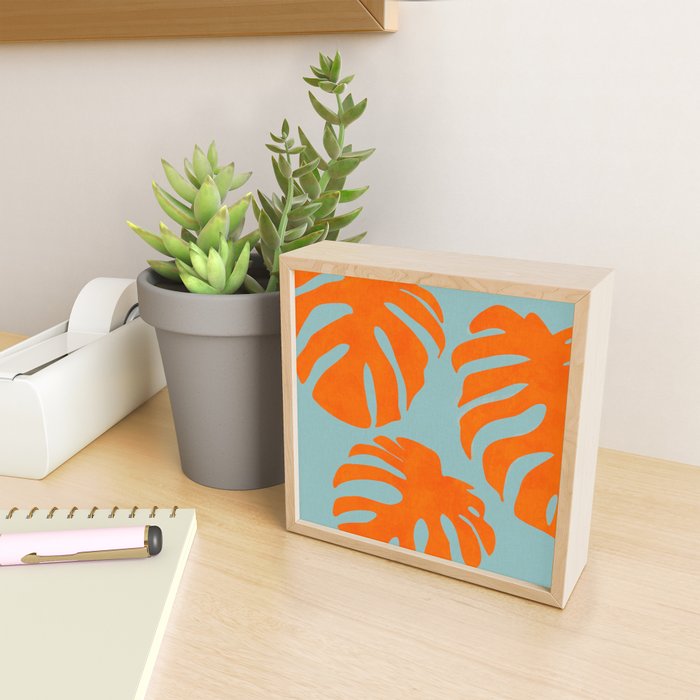 monstera leaves blue orange plant summer Mini Art Print Gallery Image 2