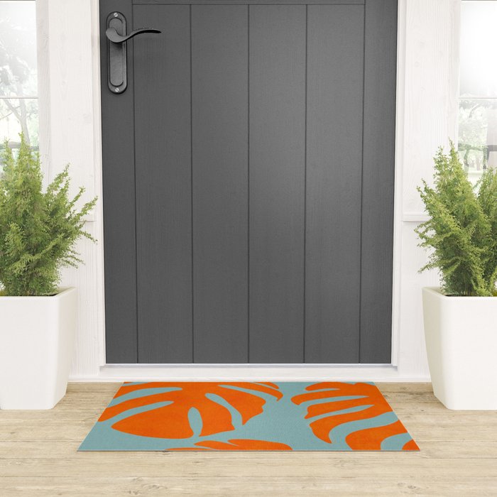 monstera leaves blue orange plant summer Welcome Mat Gallery Image 3