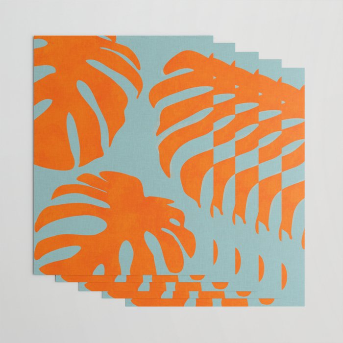 monstera leaves blue orange plant summer Wrapping Paper Gallery Image 3
