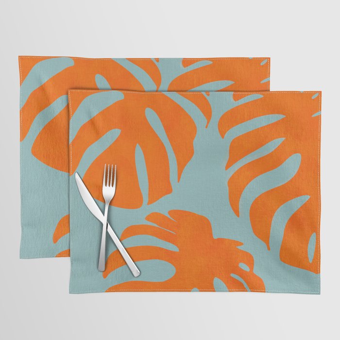 monstera leaves blue orange plant summer Placemat Gallery Image 1