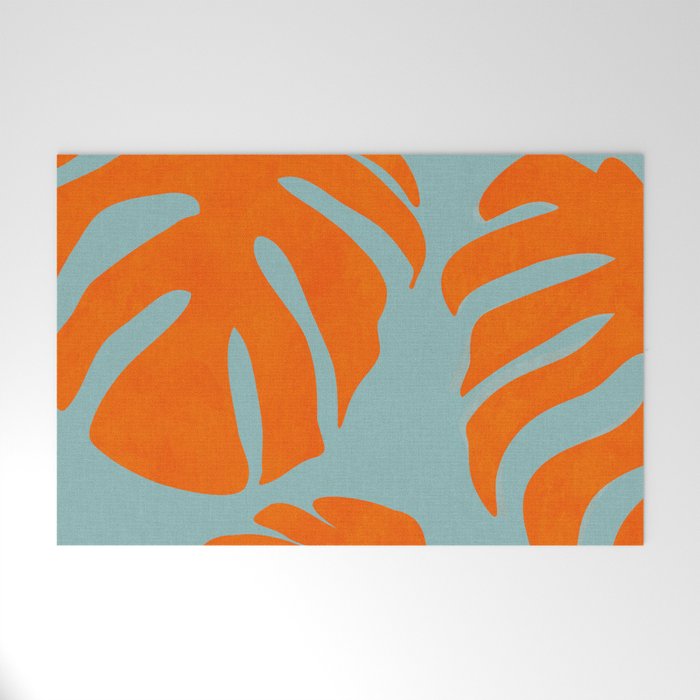 monstera leaves blue orange plant summer Welcome Mat Gallery Image 1